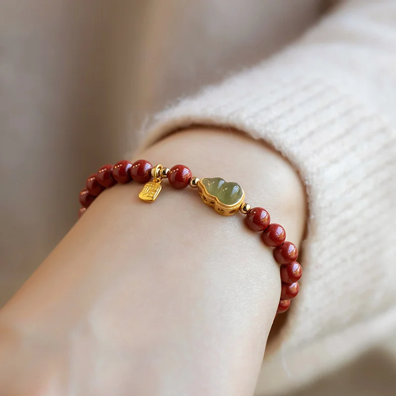 Lucky Imitation of Hotan Jade Cinnabar Red Gold Color Bead Natural Stone Beaded Bracelet for Women Bracelet Party Good Luck Gift