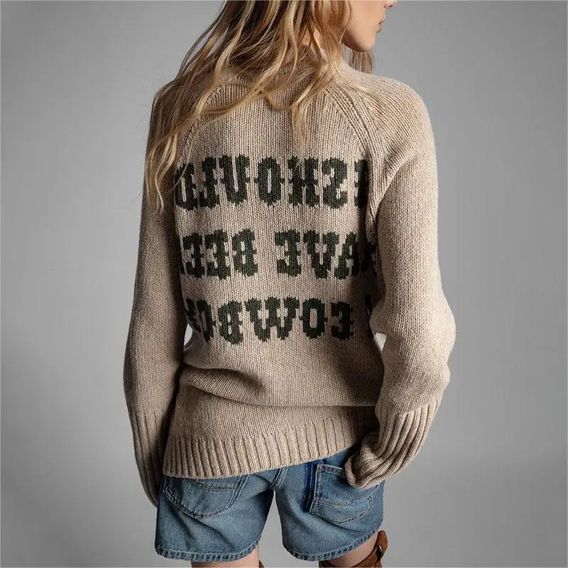 Zadig Women Wool Sweater Chic V-Neck Long Sleeve Casual Khaki Knitwear Sweaters Female New Fashion Letter Winter Warm Jumpers