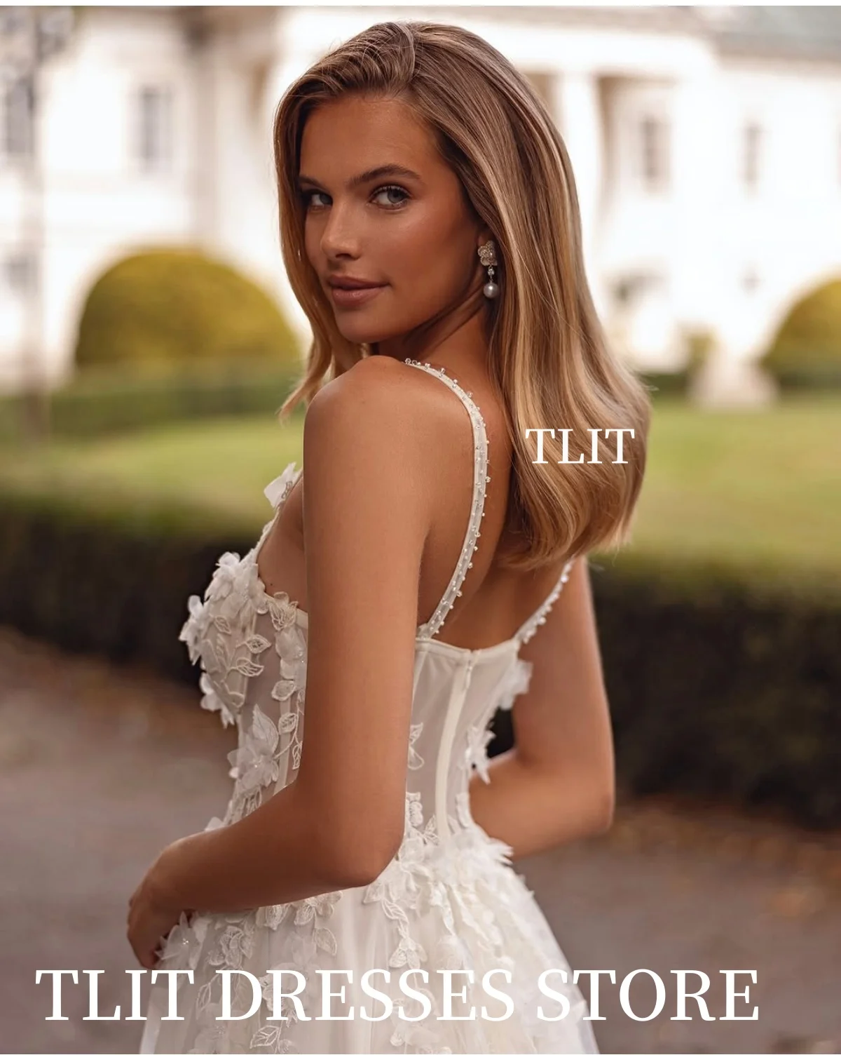 TLIT Lussuosi abiti da sposa a trapezio in pizzo personalizzati senza spalline فساتege Şarten Spaghetti Strap con fiori Abiti da sposa