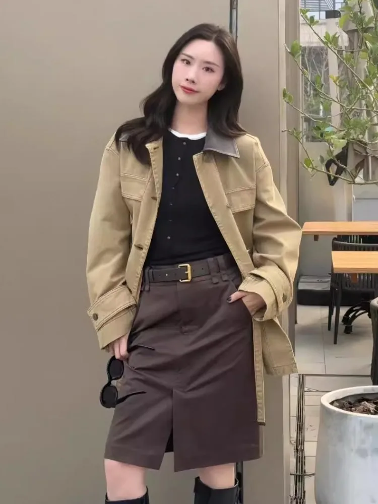 سترة نسائية عتيقة لربيع وخريف سترة واحدة الصدر فضفاضة تناسب متوسطة الطول ملابس خارجية عالية الشارع Harajuku سترات واقية غير رسمية