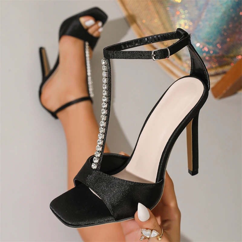 

Aneikeh Fashion Rhinestone Lace Narrow Band Ankle Buckle Strap High Heels Sandals Women Party Female Dance Shoes Sandalias Mujer