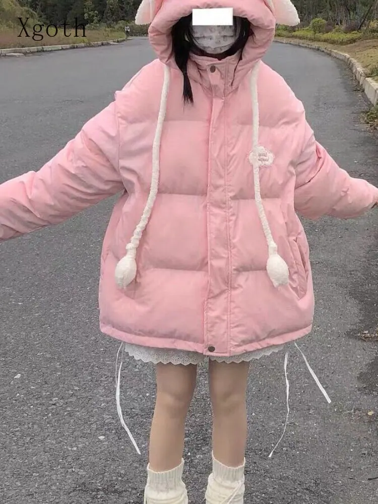 Xgoth Autumn Winter Cute Winter Coat Movable Rabbit Ears Women