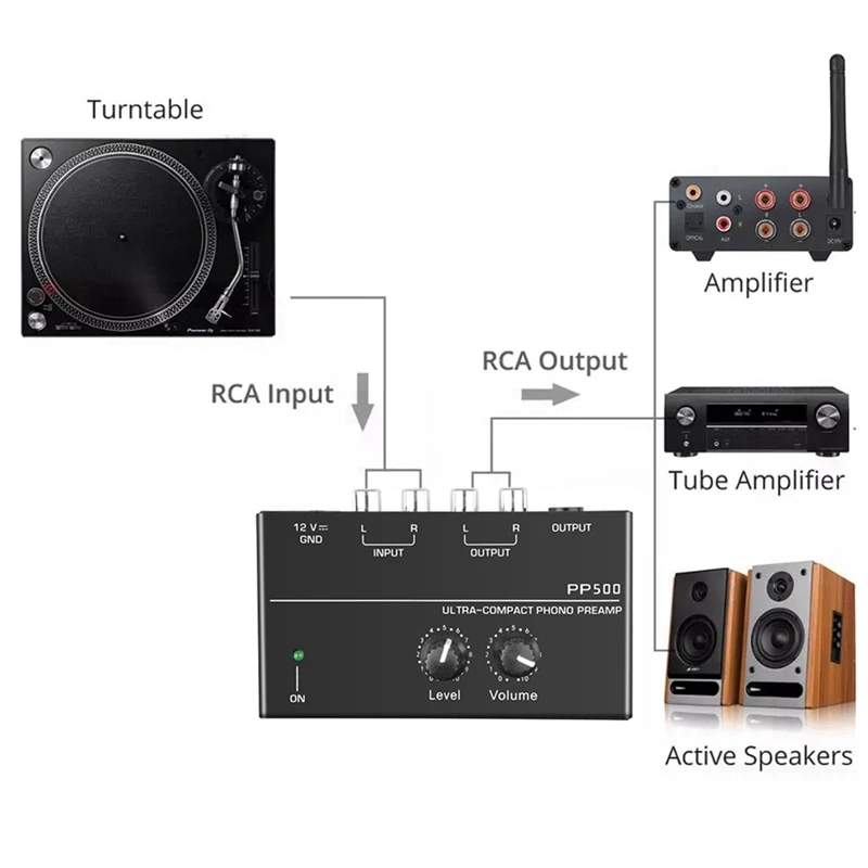 Ultra-Compact Phono Pré-amplificador com Bass Treble Balance, Pré-amplificador com Ajuste de Volume, Pré-Amplificador, Turntable, PP500, US Plug, 4X