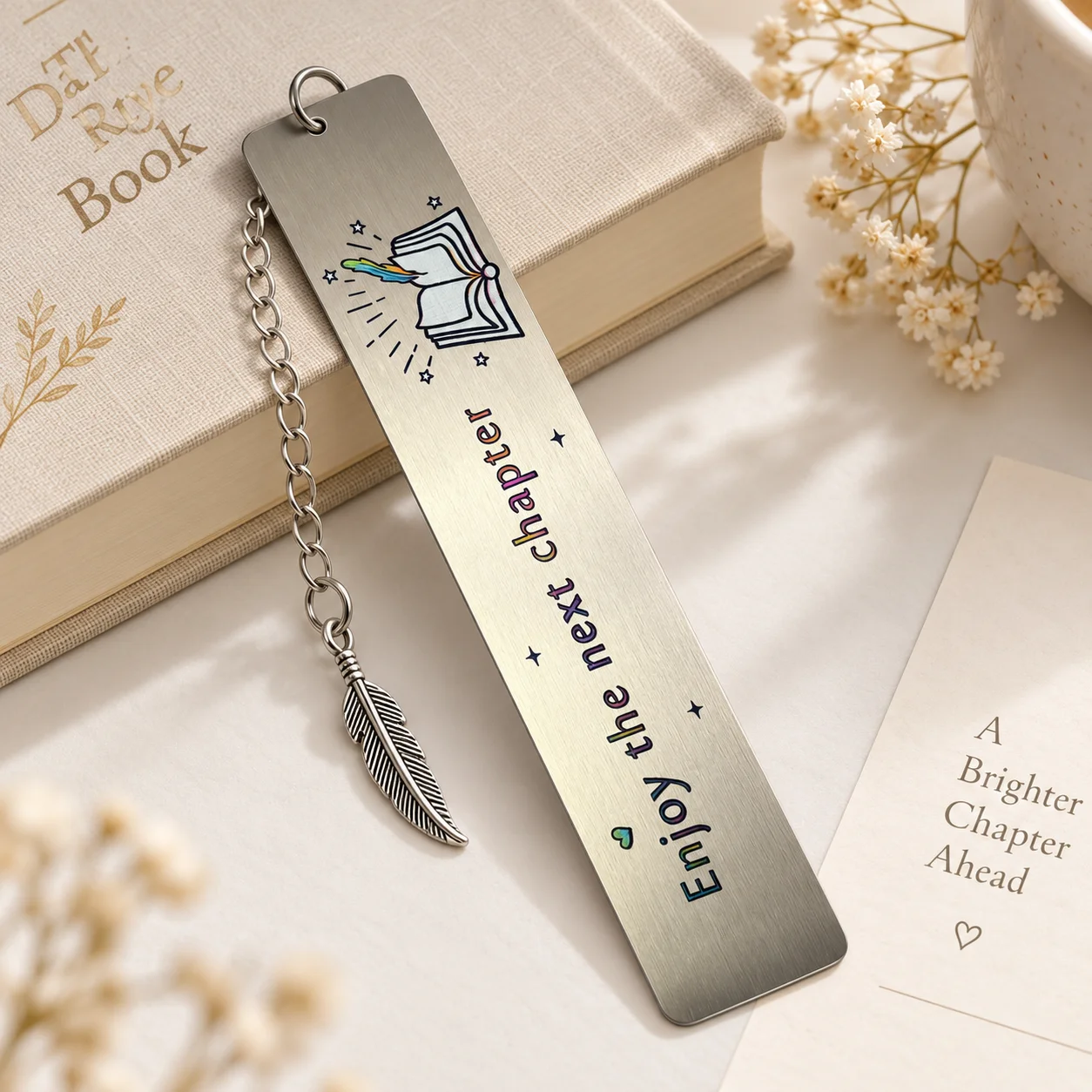 Feather pendant carved metal bookmark, enjoy the next chapter bookmark, book enthusiast graduation inspirational gift