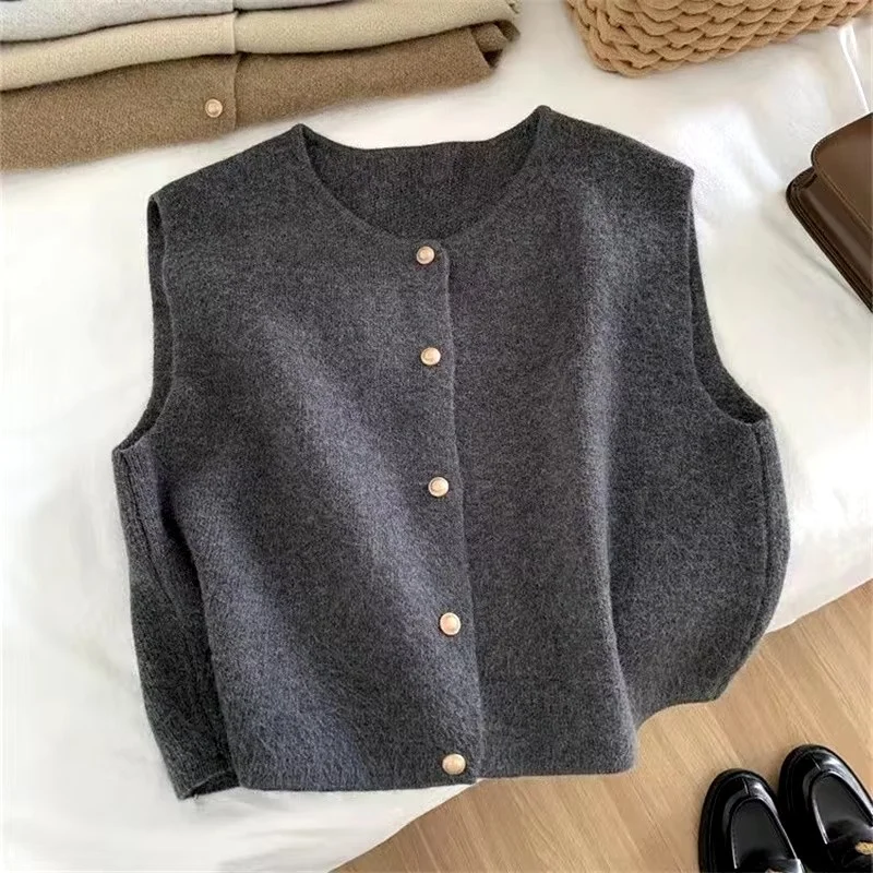 Spring Autumn Women Single Row Small Gold Button Round Neck Knitted Cardigan Vest Jacket Korean Sleeveless Waistcoat Female Tops