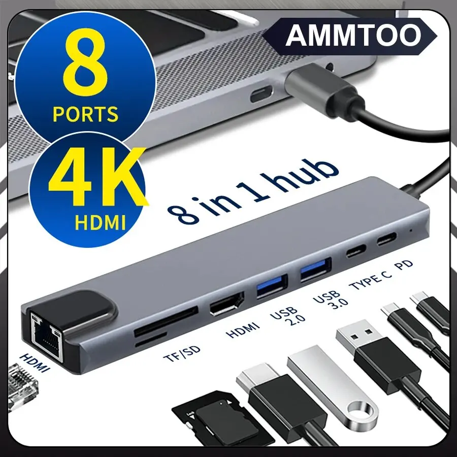 USB C HUB 8 in 1 Type C 3.1เป็น4K อะแดปเตอร์ HDMI กับ RJ45 sd/tf อ่านการ์ด PD ชาร์จเร็วสำหรับคอมพิวเตอร์โน้ตบุ๊คแล็ปท็อป MacBook