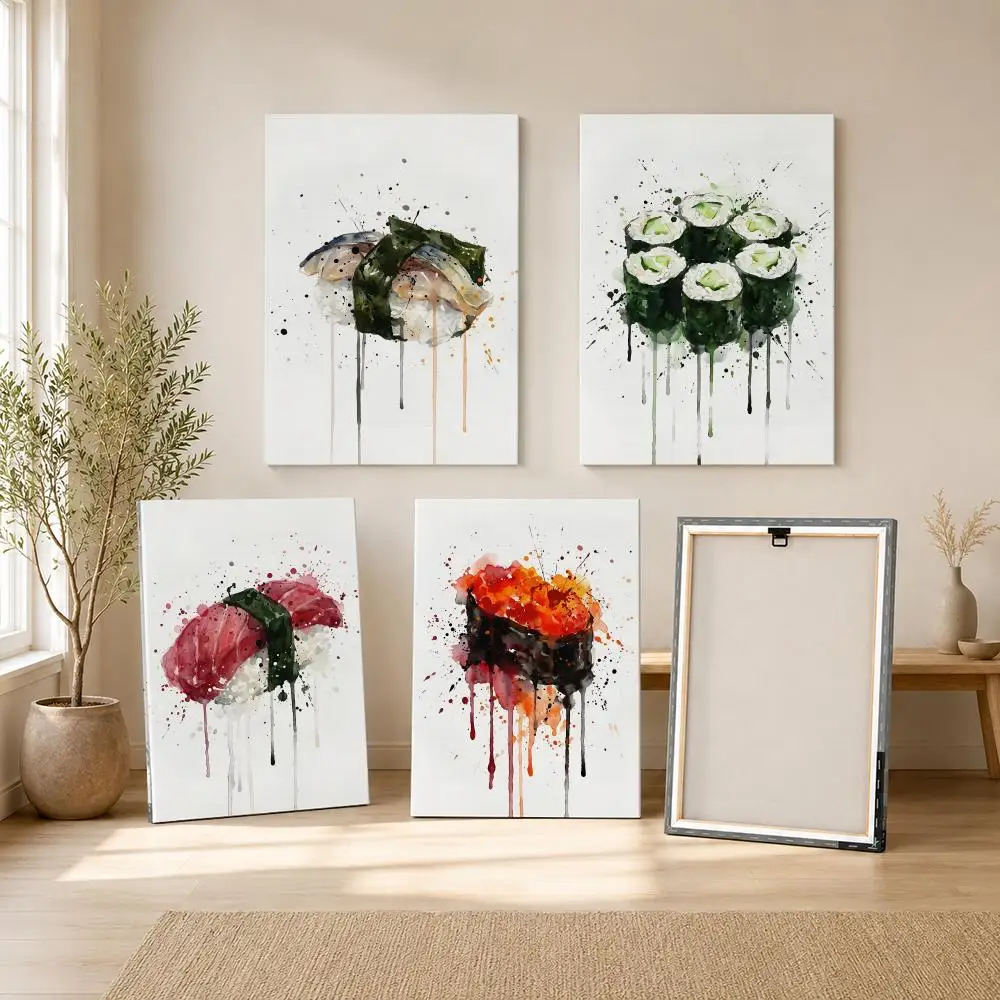 Watercolor Sushi Framed Wall Painting Ready to Hang Canvas Art Painting Poster for Living Room Bedroom Home Decor Decals