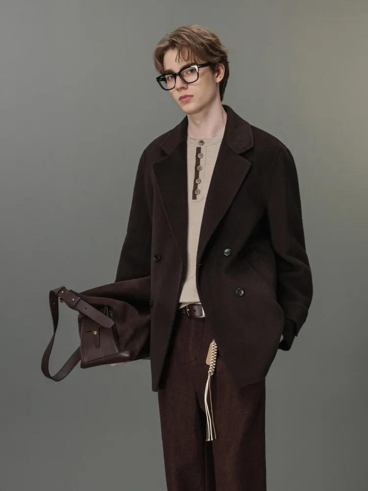Mens Autumn Winter High Quality 100% Wool Mid Long Jacket Double Breasted Warm Double Faced Woolen Blends Coat Work Outerwear