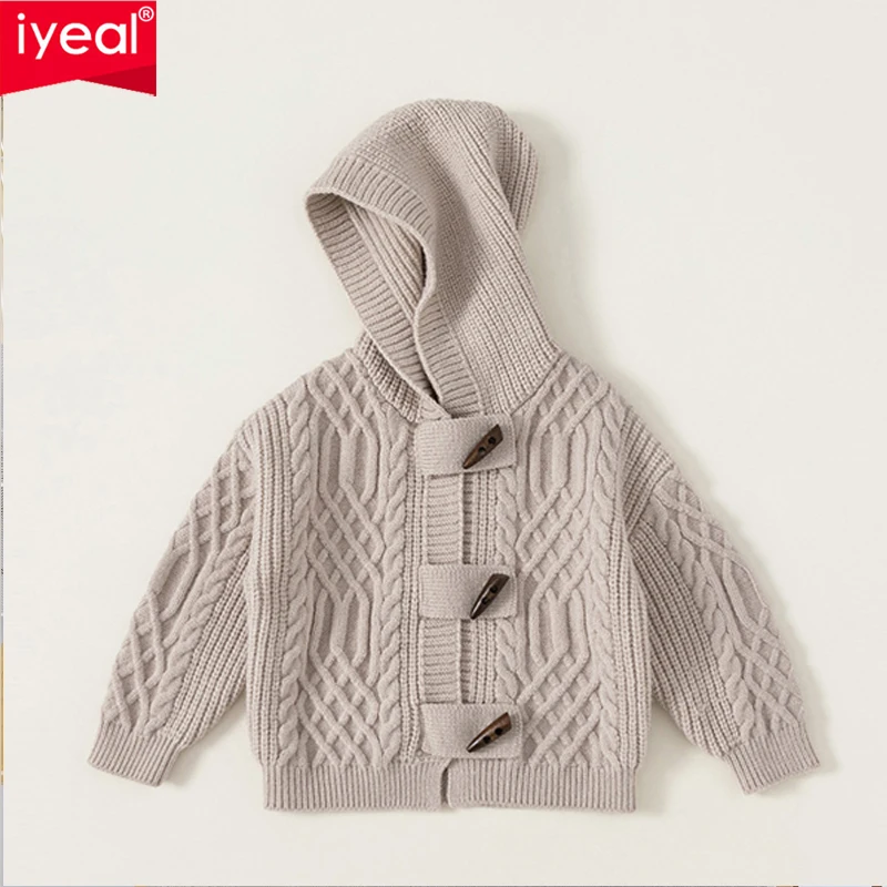 IYEAL 2024 Autumn Boys' Girls Hooded Sweater New Children's Sweater Children's Boys Girls' Cow Horn Button Knitted Cardigan