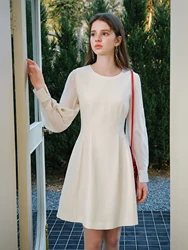 FSLE Women Beige Knee-Length Dress Round Neck Puff Sleeve 2025 Spring High Waist Dresses Office Lady Long Sleeve Dress 25FS11029