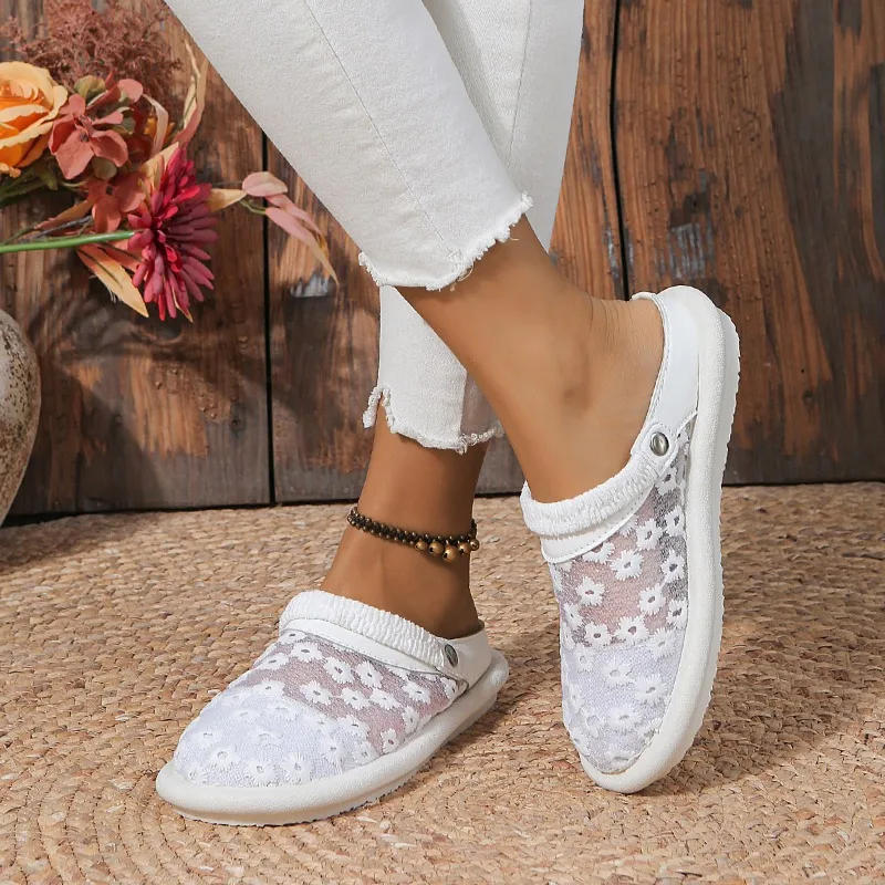 Mesh Outside Mules Summer Concise Ladies Shoes 2024 High Quality Flat with Floral Shallow Women\'s Slippers Chinelos Femininos