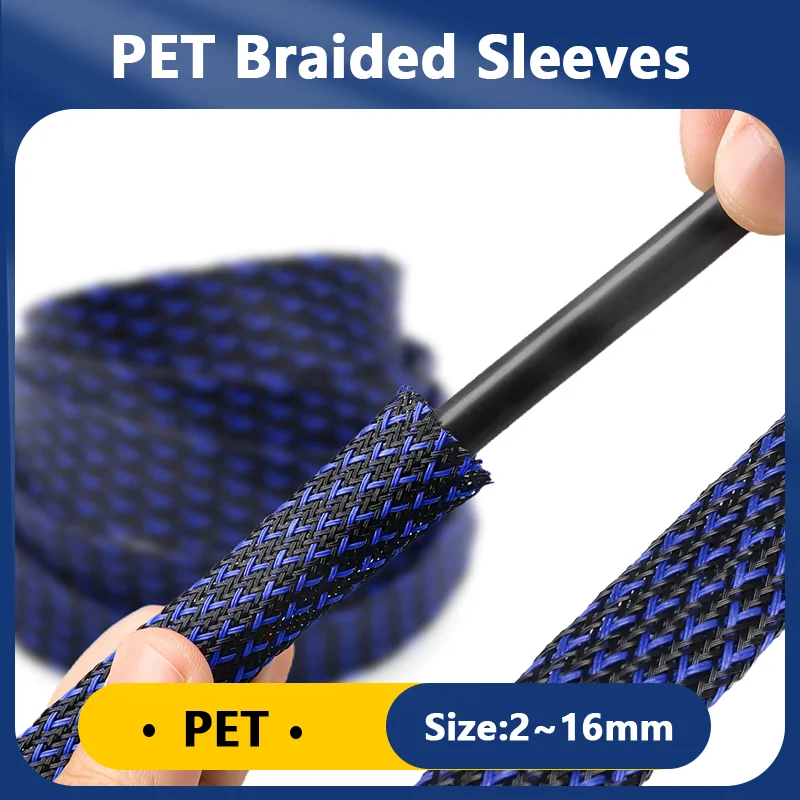 

PET Braid Sleeving High Density Snake Skin Cable Wrap Flexible Wire Sheath for Electrical Cables 2-16mm 1-50m Length Blue Black