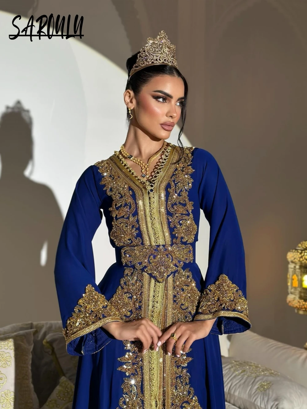 Elegant Arabic V Neck Evening Dress Customized Women Kaftan A Line Beaded Shiny Wedding Party Delicate Special Occasions Gown