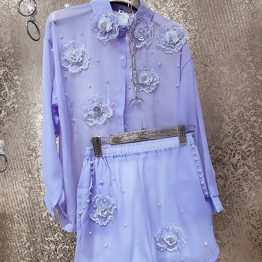 Luxury Pearls Beaded 3D Flowers Silk Yarn Shirts Purple Floral Embroidery Chiffon Blouses Cardigan Tops+Straight Shorts 2pcs Set