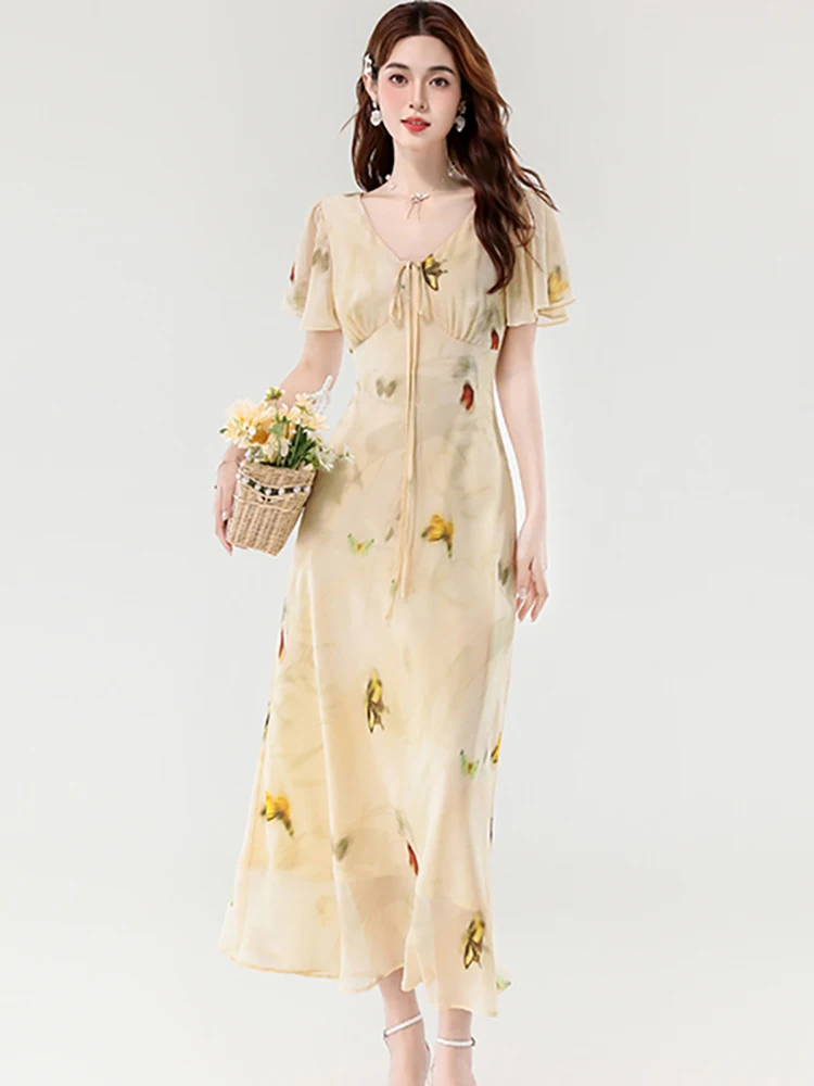 Abito lungo causale in chiffon floreale Boho da donna Abito estivo con maniche a farfalla Chic con fiocco con scollo a V 2025 Abiti eleganti coreani di un pezzo