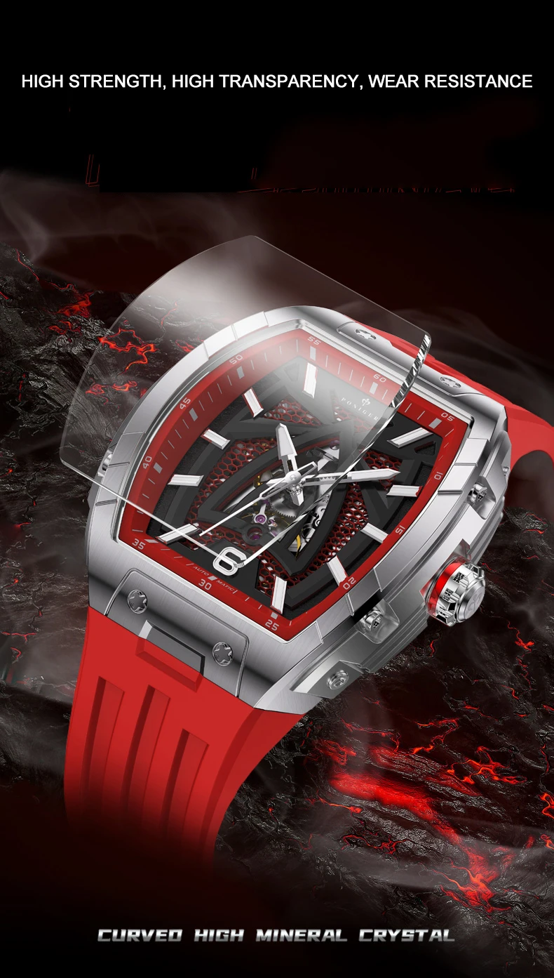 PONIGER ساعة أوتوماتيكية للرجال 44 مللي متر Tonneau ساعة يد ميكانيكية الياقوت مضيئة الجوف خارج الهاتفي حزام مطاطي