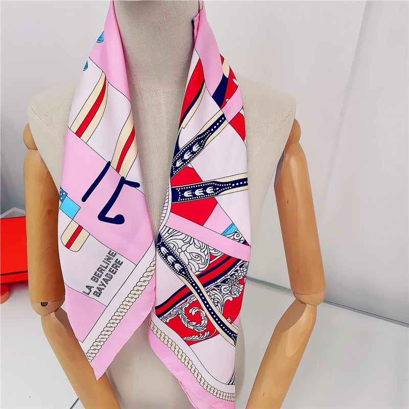 90CM Manual Hand Rolled Twill Silk Scarf Women Wheel Stripes Chain Print Square Scarves Wraps Femme Bandana Lady Hijab Shawl