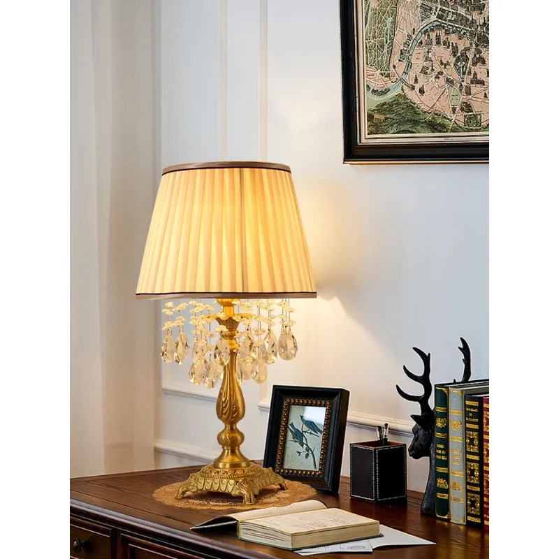 All-copper American bedroom lamp, bedside lamp, French living room, European crystal, high-end, high-value retro small table lam