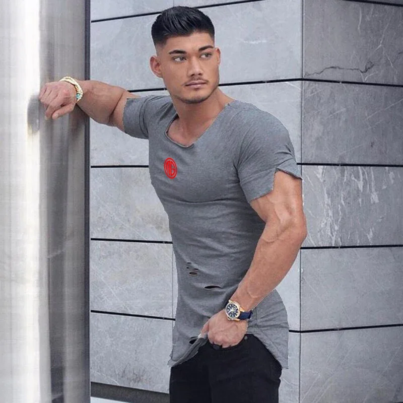 Muscleguys Brand Extend Long T Shirt Men Fashion Vintage Hole Fitness Tshirt Summer Short Sleeve Gyms Slim Fit T-shirt Hip Hop