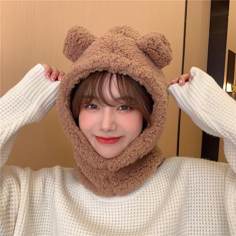 

Cartoon Cute Bear Hat Thickened Soft Neck Protection Fall and Winter Women's Korean Fleece Warm Windproof One-piece Plush Hat