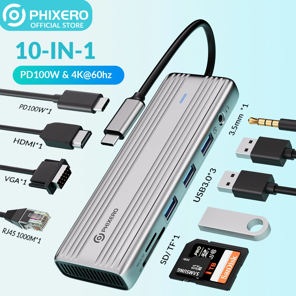 PHIXERO Multi Usb HUB USB Type-C Adapter 4K 60Hz HDMI-Compatible USB 3.0 High Speed Docking Station RJ45 PD100W Charge For PC