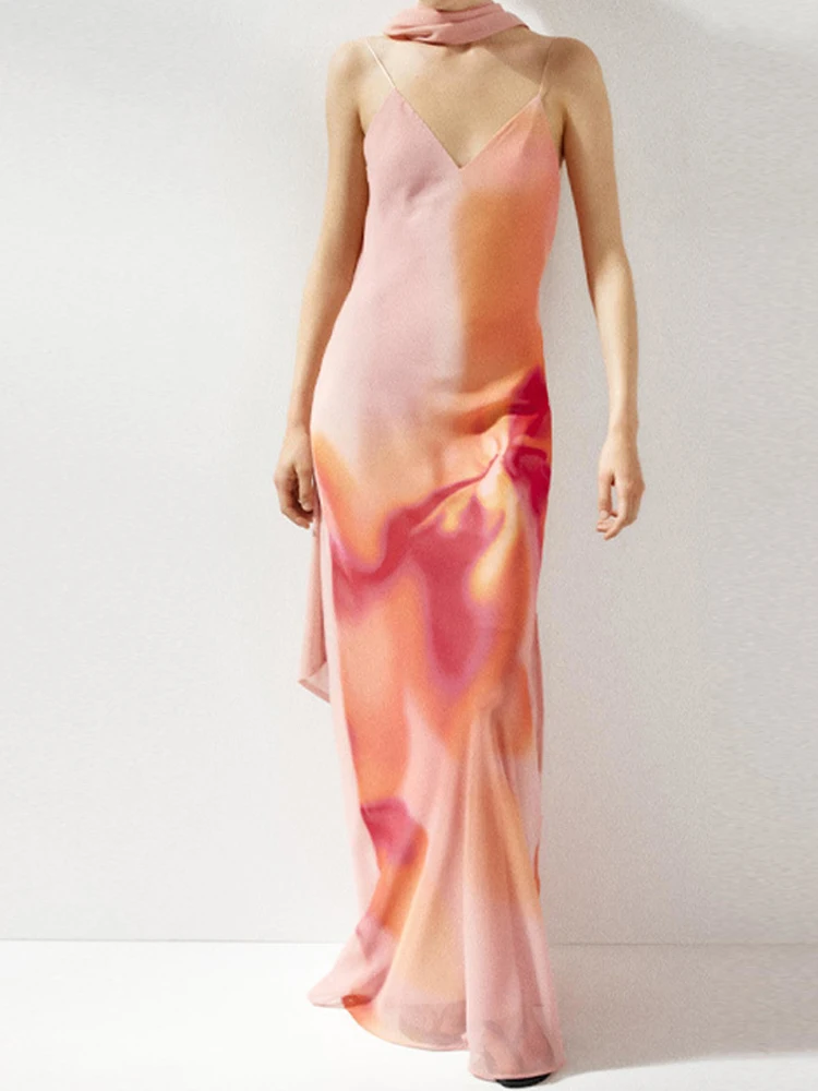 セクシーなVネックノースリーブホローアウトレディースドレスカジュアルボヘミアンビーチロングドレス2026春夏花柄プリントサスペンダードレス