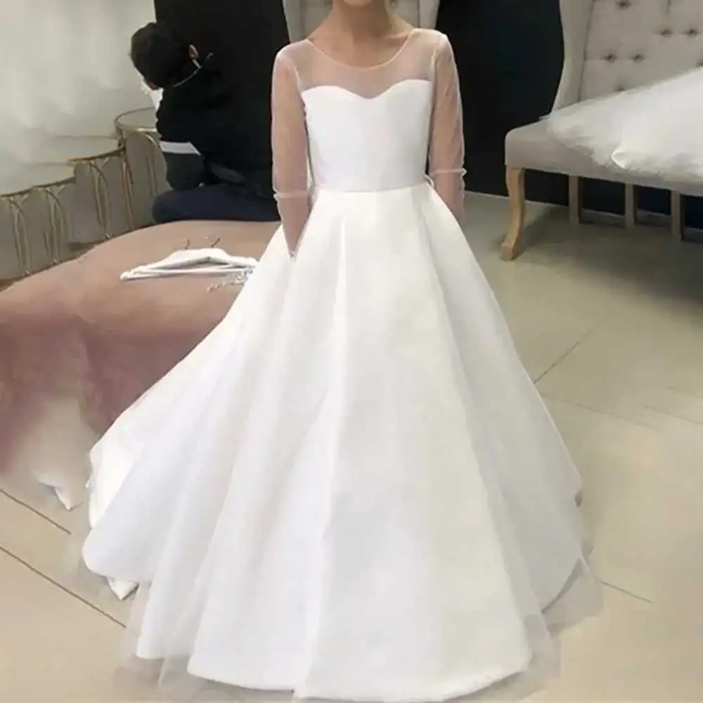 

Girls Flower Girl Dress Long Sleeve O Neck A-Line Backless Bowknot Party Wedding Kids Clothing Elegant Children Fashion Outfit