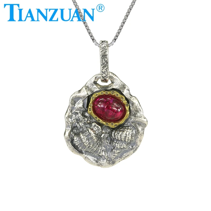 Retro Simulation Ruby Pendant S925 Silver Vintage Thai Silver Conch Necklace For Women Pendant Jewelry Gift