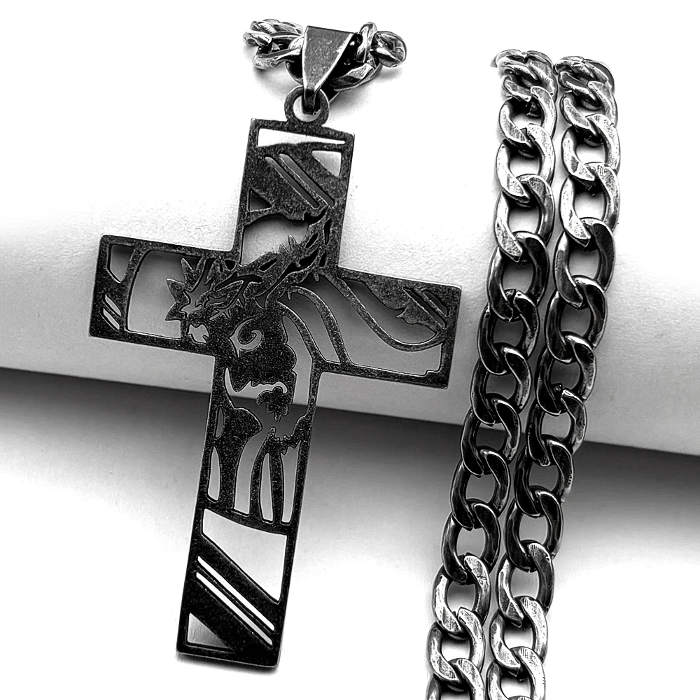 

Hiphop Christ God Cross Jesus Chain For Women Men Stainless Steel Black Color Crown Of Thorns Crucifix Faith Necklace Jewelry