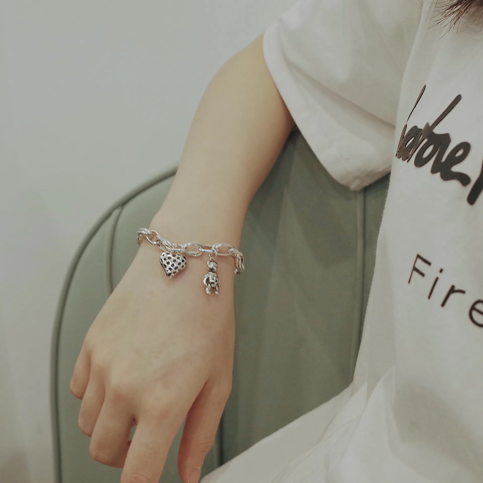 New Arrival Romantic Love Heart & Bear Animal Retro Thai Silver Female Charm Bracelet Jewelry For Women Birthday Gifts