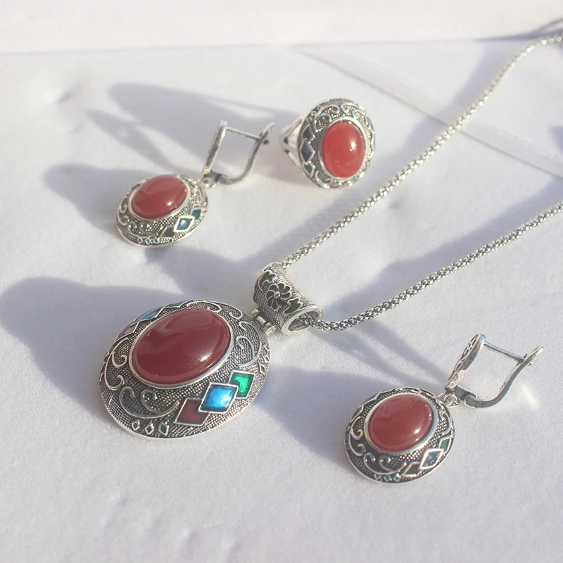 Ajojewel Vintage Ethnic Jewelry Set With Red Stone Cloisonne Enamel Earrings Round Pendant Necklace Ring 7 8 9 Luxury Gifts 2024