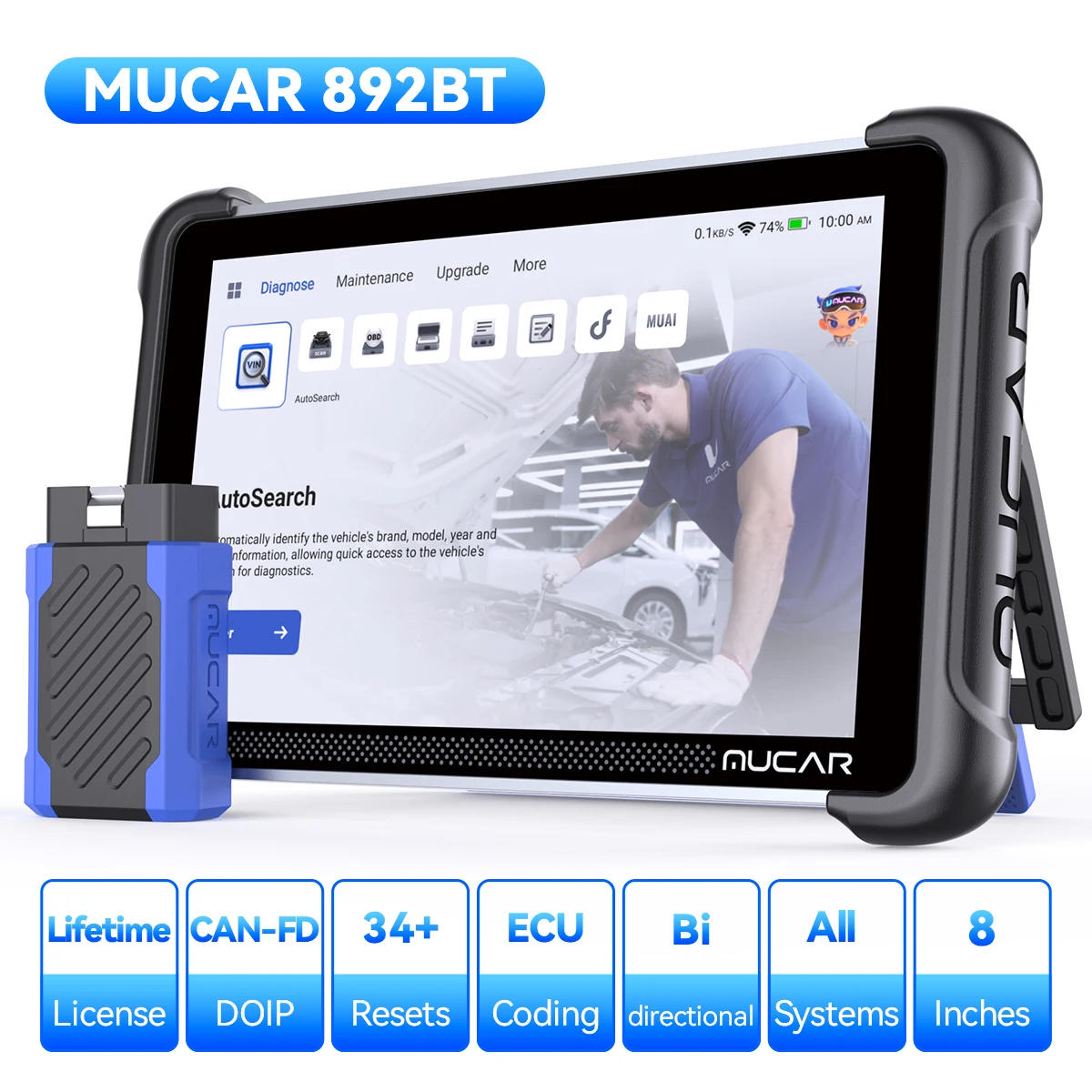 MUCAR 892BT Scanner OBD2 Professionnel pour Voiture, Codage ECU Bidirectionnel, 35 Fonctions de Réinitialisation, DOIP CANFD, Diagnostic IA Gratuit à Vie, Outils de Diagnostic