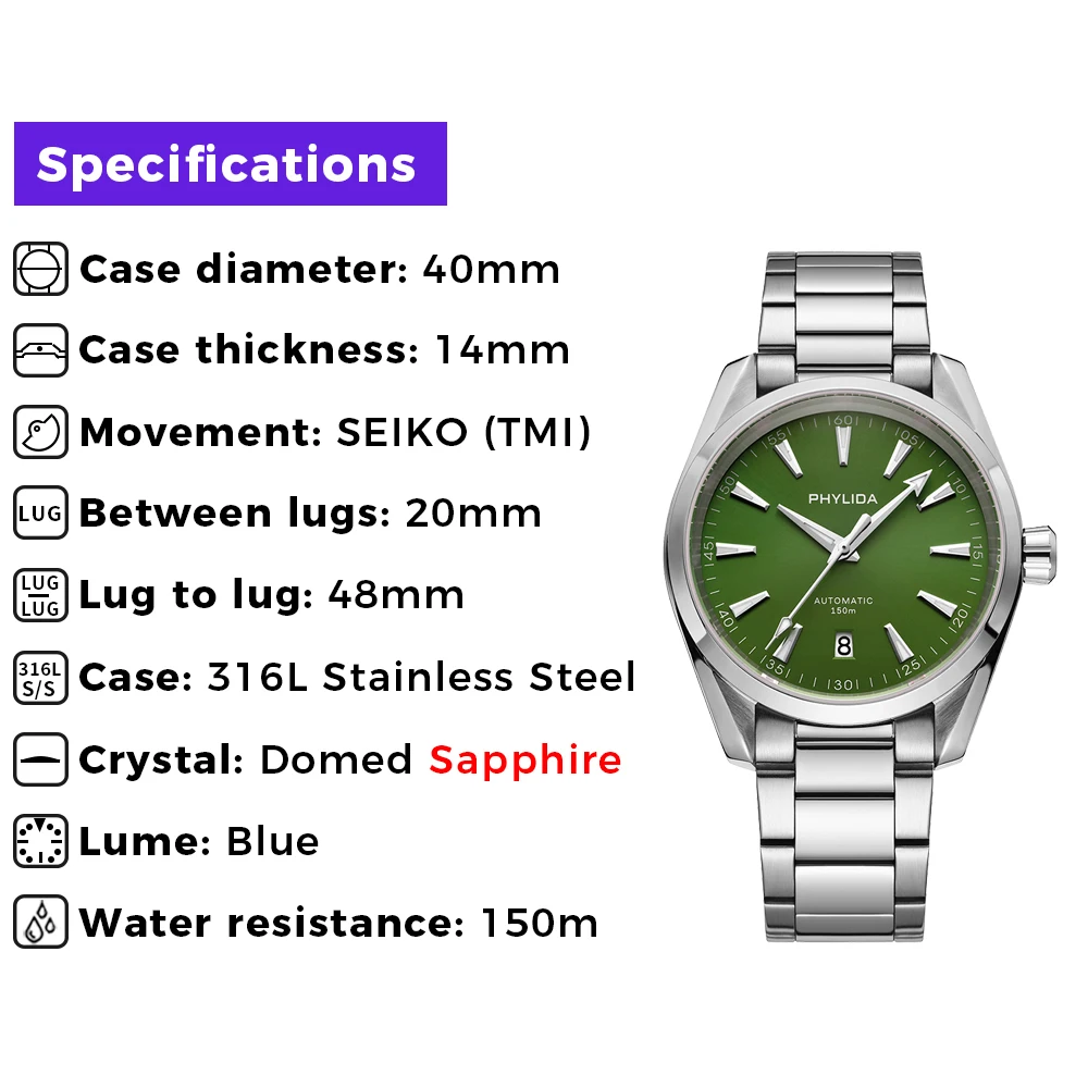 PHYLIDA New Red Dial Aqua 150m Automatic Watch Sapphire Crystal TMI NH3 Series Wristwatch 100WR Diver Watches for Men view 4