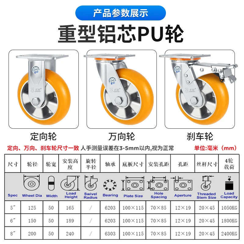 Heavy duty aluminum core universal wheel with brake