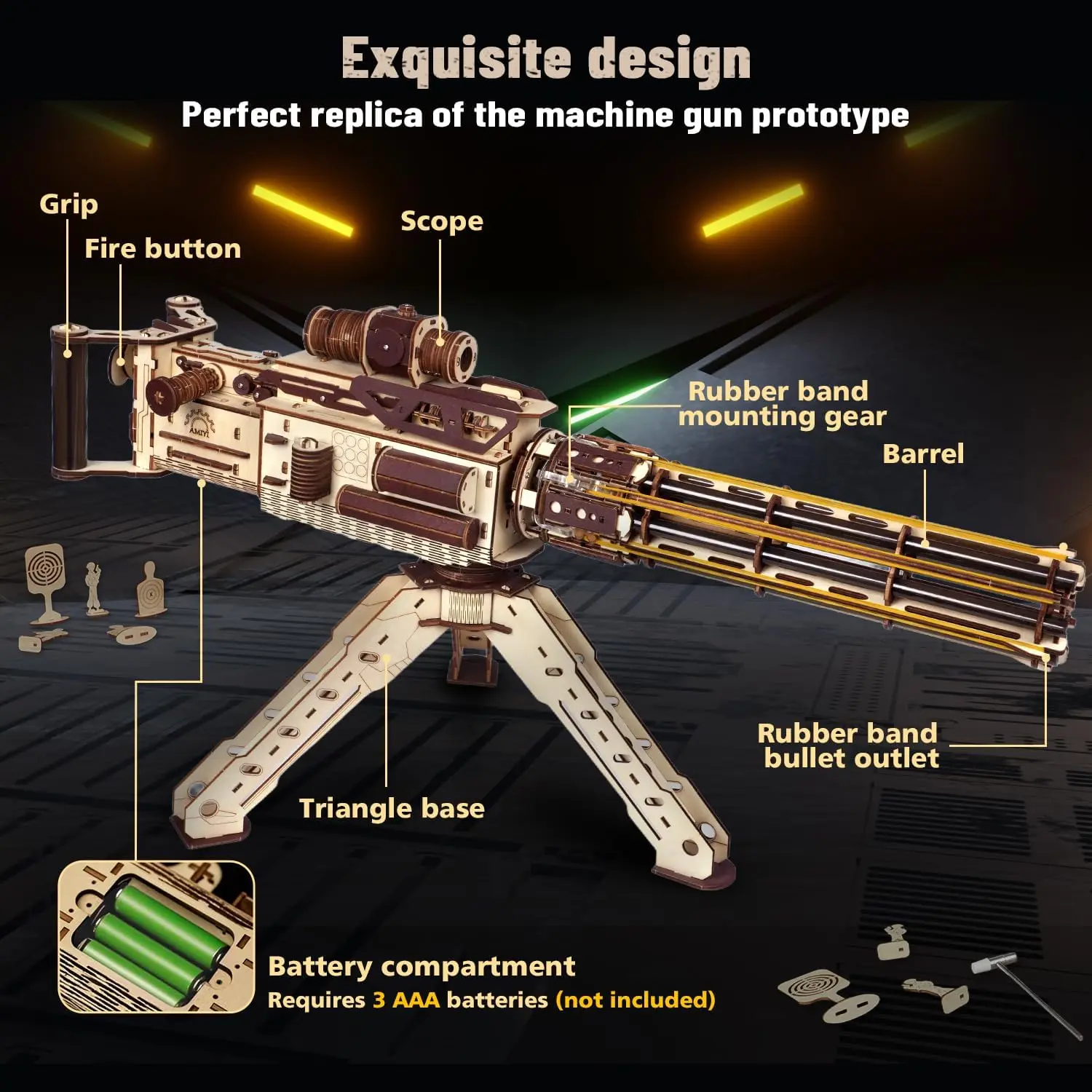 VATOS 3D木製ガトリングマシンガンおもちゃ クリスマスプレゼント 子供 男の子 大人向け 344ピース 木製パズル 組み立てモデルガン 射撃ゲーム