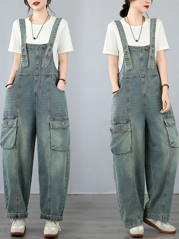 Relaxed Fit Denim Overalls Casual Straight Leg Workwear Jeans for plus Size Women Comfortable Cotton Blend No Stretch