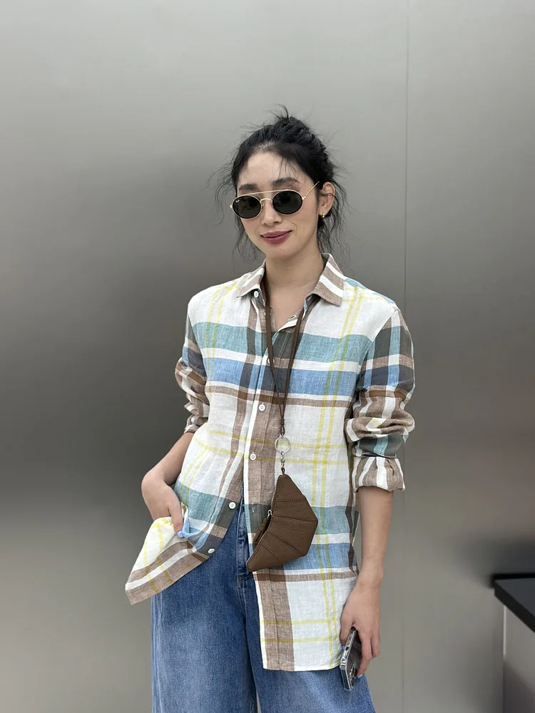 

Bodhl Soft Linen Contrast Color irt Spring Ele Plaid Casual Faion Outerwear Women's Loose Fit Long Sve Button up