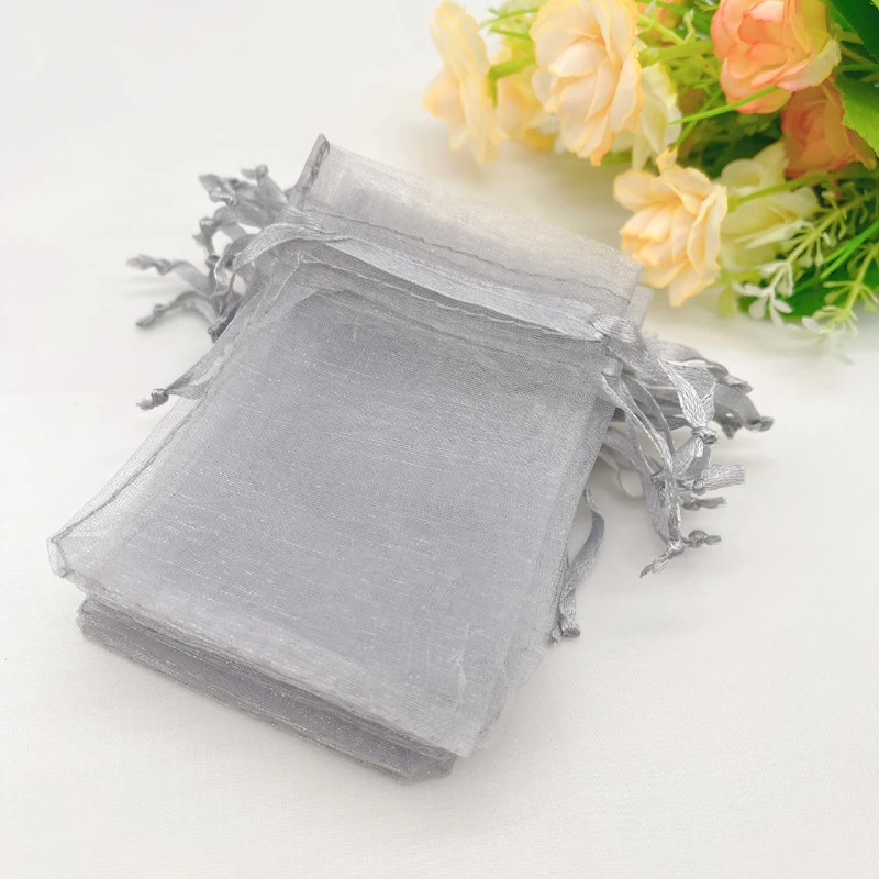 100pcs Grey Gray Gift Bag Drawstring Organza Bag Gray Grey Organza Gift Bags Wedding Packaging Jewelry Storage Bags Sachet Pouch