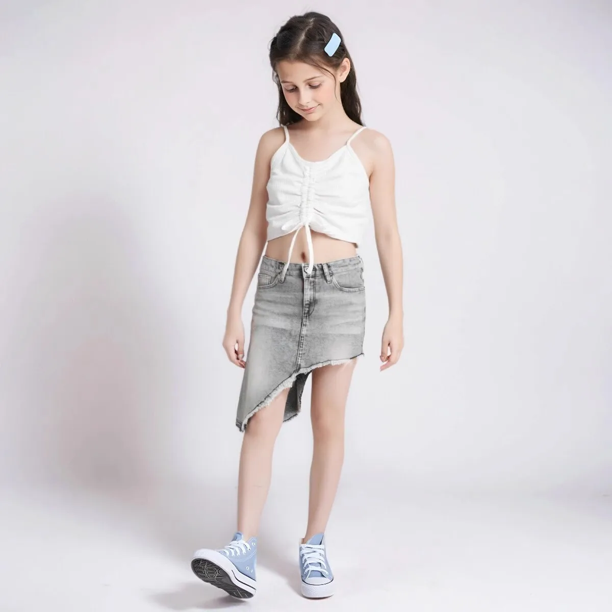 

Samgami baby Children's clothing ins summer girls suit fashionable children's drawstring suspender top + irregular denim skirt