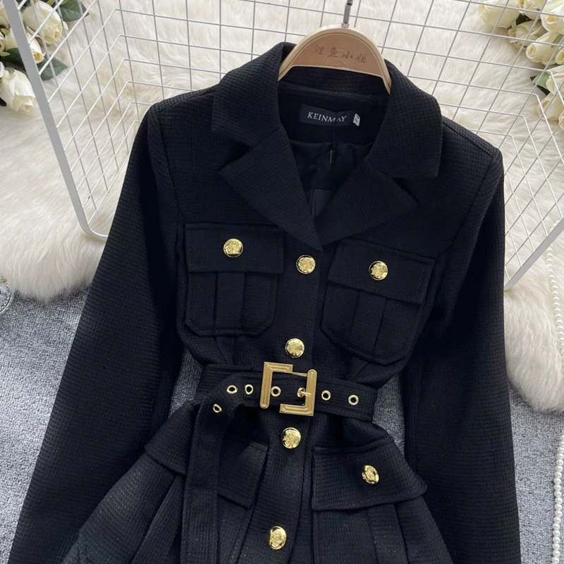 New Autumn Winter Outerwear Fashion Vintage Golden Buttons Pocket Coat Women\'s Notched Collar Belted Blazers Jackets Tops