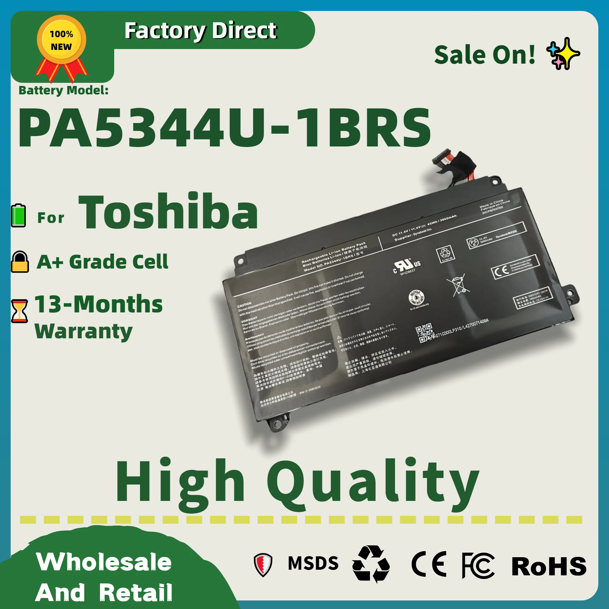 工場直販 PA5344U-1BRS 45Wh ノートパソコンバッテリー 東芝 Dynabook BJ65/FS用 CE認証済み & 700サイクル +13ヶ月保証