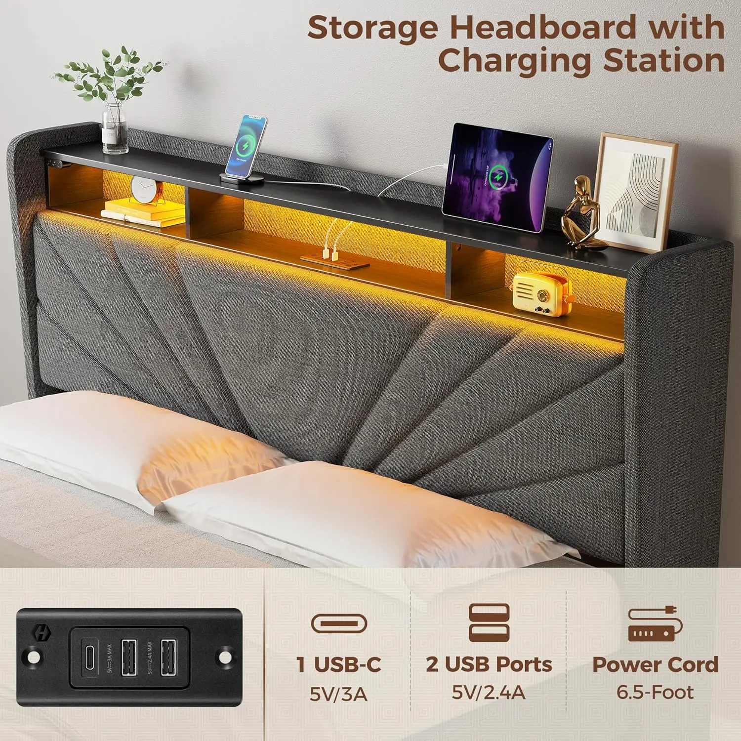 Full size bed frame, storage headboard with charging station and LED lights, noise free, easy to assemble, dark gray