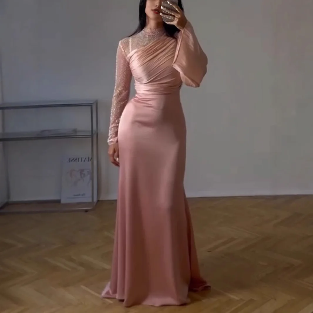 

Элегантное розовое сексуальное вечернее платье-футляр с длинными рукавами для женщин, длиной в пол, для свадьбы