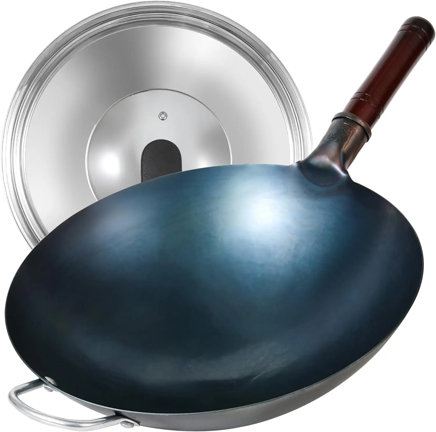 

14" Carbon Steel Wok with Lid, Round Bottom, Pre-Seasoned, for Open Flame Cooking
