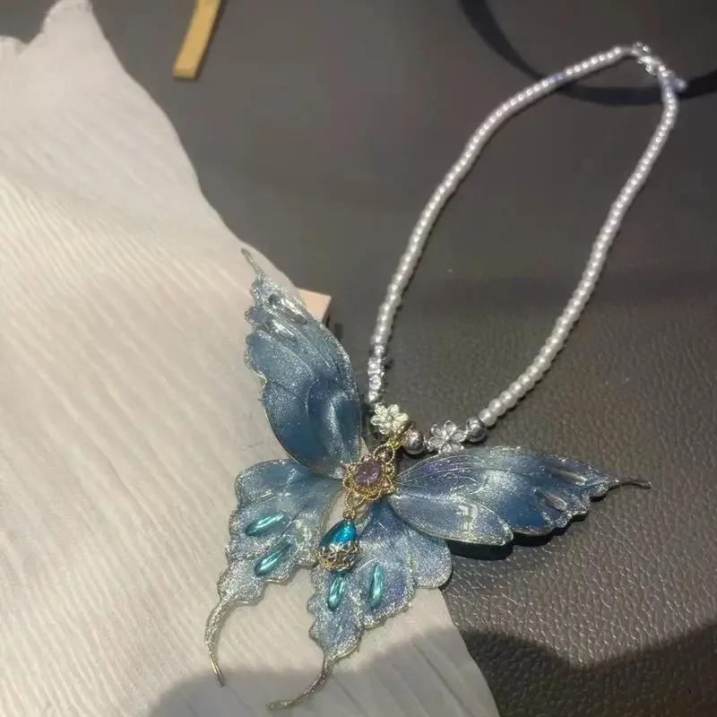قلادة على شكل فراشة جديدة لطيفة للشفاء من اللؤلؤ الأزرق قزحي الألوان #4