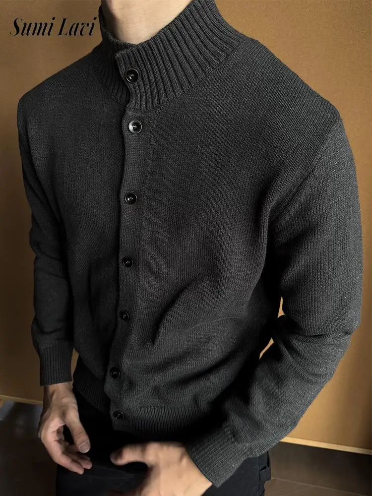 

Осень-зима, повседневные повседневные мужские свитера, винтажные вязаные куртки с воротником-стойкой на пуговицах, мужские модные однотонные приталенные кардиганы