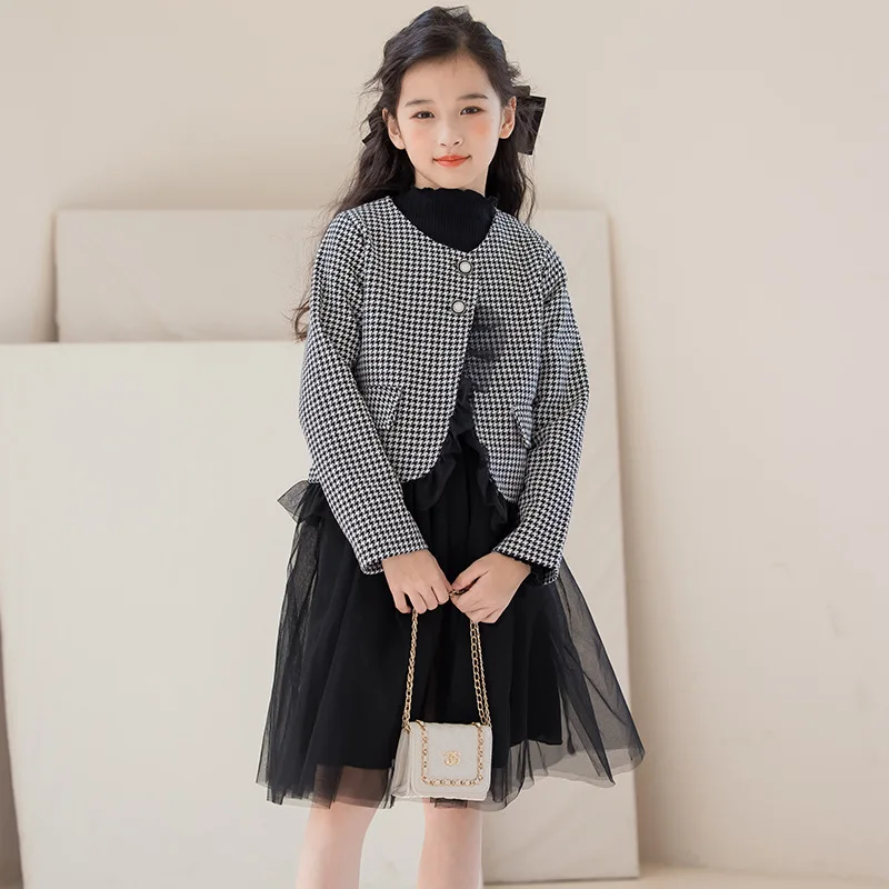 

Baby Girls Dress Sets Autumn Plaid Coat+Round Neck Mesh Splicing Dress Kids Girls Ress Sets Long Sleeves Children Girls Dress