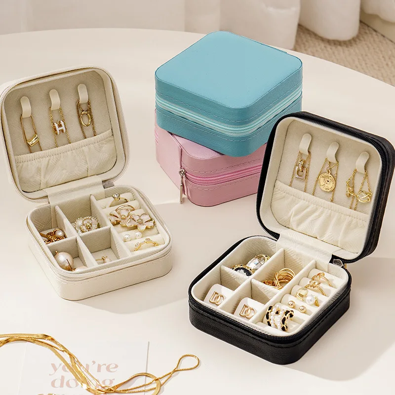 Mini Jewelry Storage Box Portable Travel Earrings Necklace Storage Case Women Ring Organizer Zipper Leather Jewelry Display Case