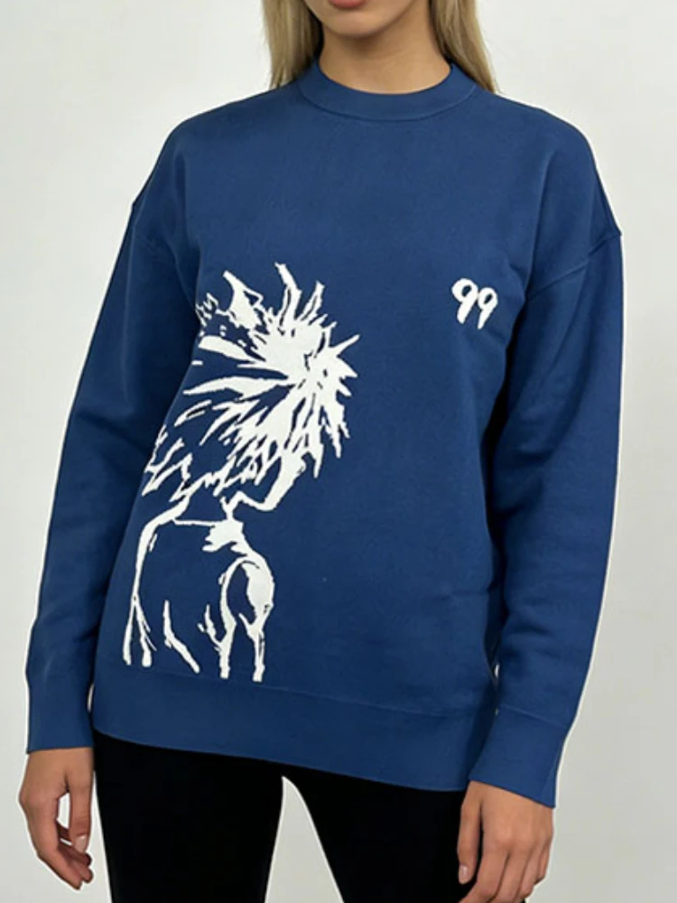 Unisex retro anime character printed knitted sweater with round neck pullover and long sleeved loose knit sweater pattern