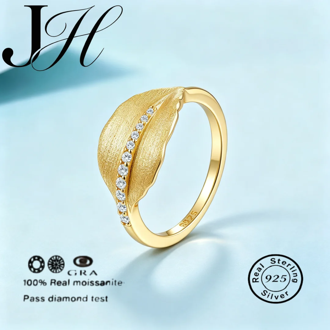 JOIAS HOME S925 Sterling Silver Leaf Shape Brushed Craft Moissanite Ring Fashion Trend Temperament Design Light Luxury Lady Ring